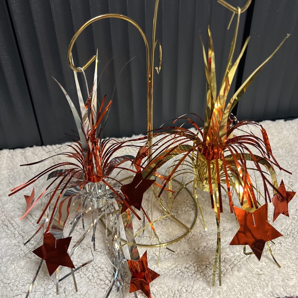 Vintage Foil Firework Christmas Ornaments Red Stars Pop-Up Fountain Spray Set/2